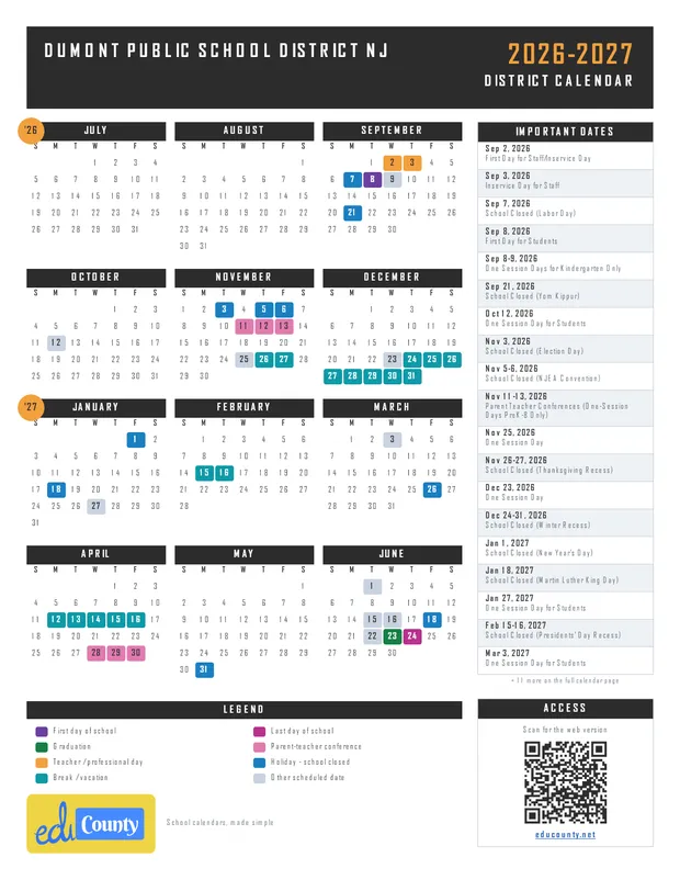 Dumont Public School District printable 2026-27 calendar