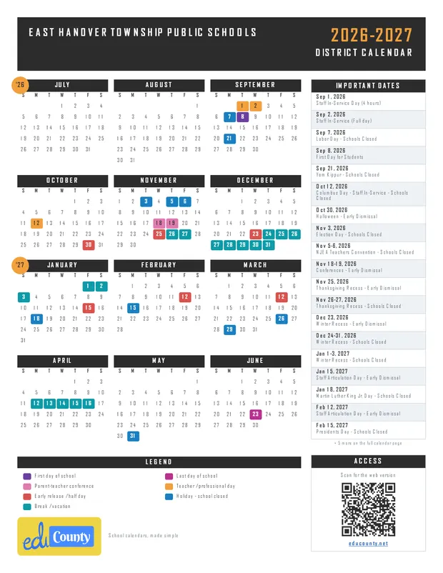 EAST HANOVER TOWNSHIP PUBLIC SCHOOLS printable 2026-27 calendar