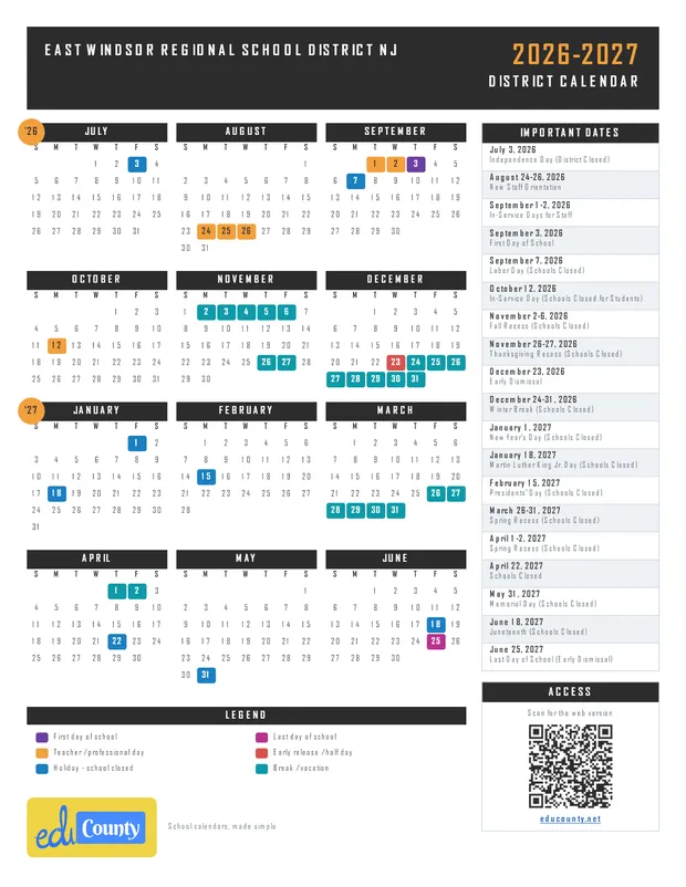 East Windsor Regional School District printable 2026-27 calendar