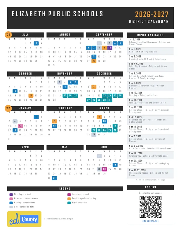 ELIZABETH PUBLIC SCHOOLS printable 2026-27 calendar