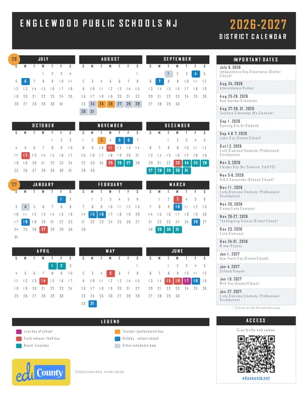 Englewood Public Schools printable 2026-27 calendar