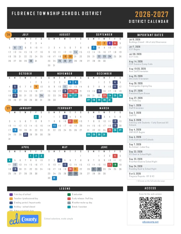 Florence Township School District printable 2026-27 calendar