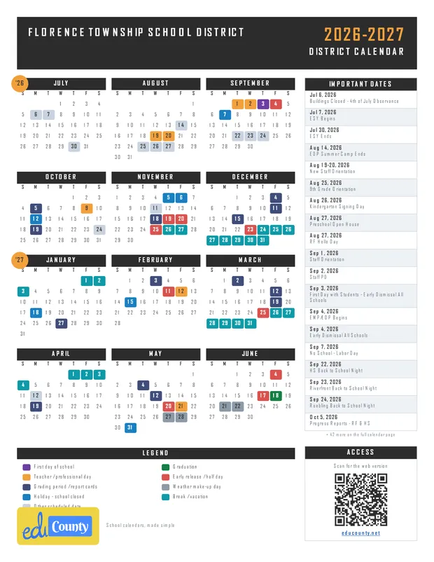 Florence Township School District printable 2026-27 calendar