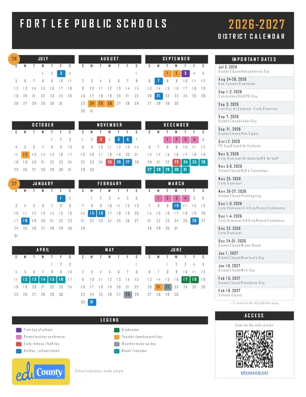 FORT LEE PUBLIC SCHOOLS printable 2026-27 calendar