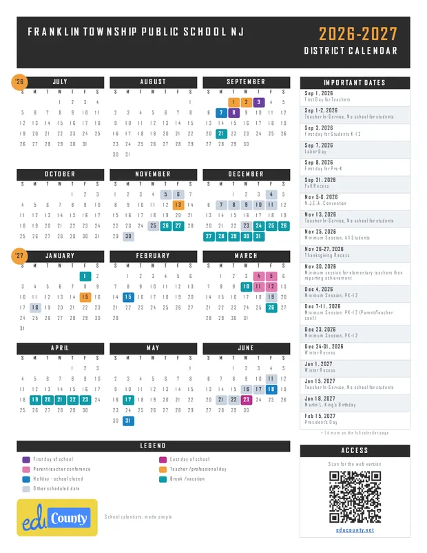 FRANKLIN TOWNSHIP PUBLIC SCHOOL printable 2026-27 calendar