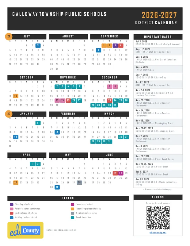 Galloway Township Public Schools printable 2026-27 calendar