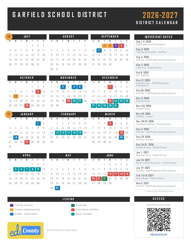 Garfield School District printable 2026-27 calendar