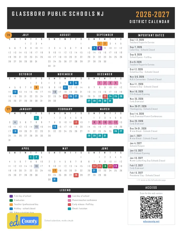Glassboro Public Schools printable 2026-27 calendar