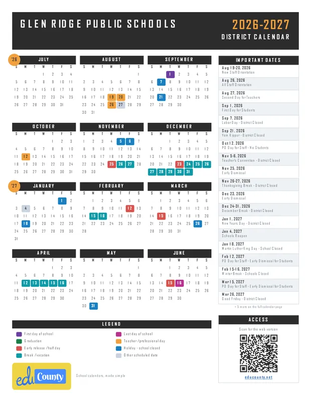 Glen Ridge Public Schools printable 2026-27 calendar