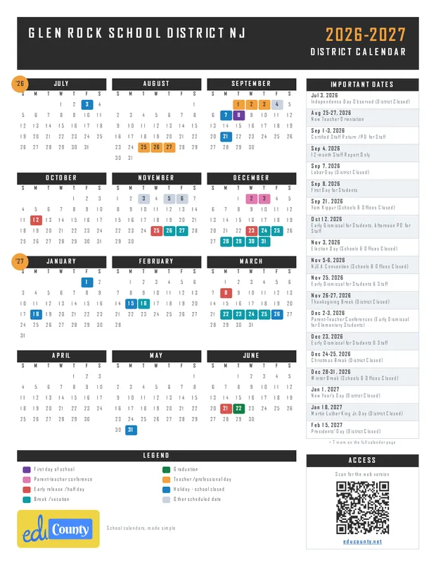 Glen Rock School District printable 2026-27 calendar