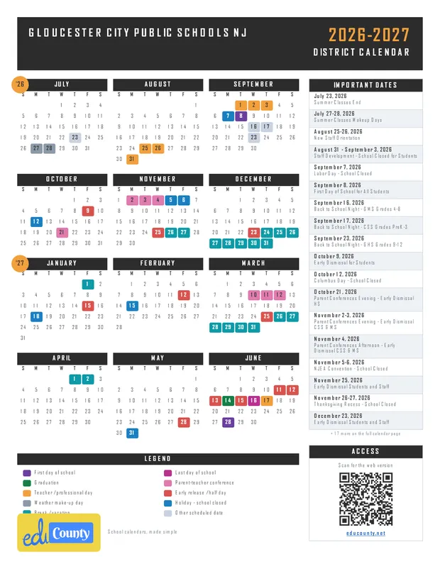 Gloucester City Public Schools printable 2026-27 calendar