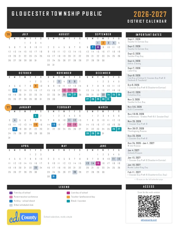 GLOUCESTER TOWNSHIP PUBLIC printable 2026-27 calendar