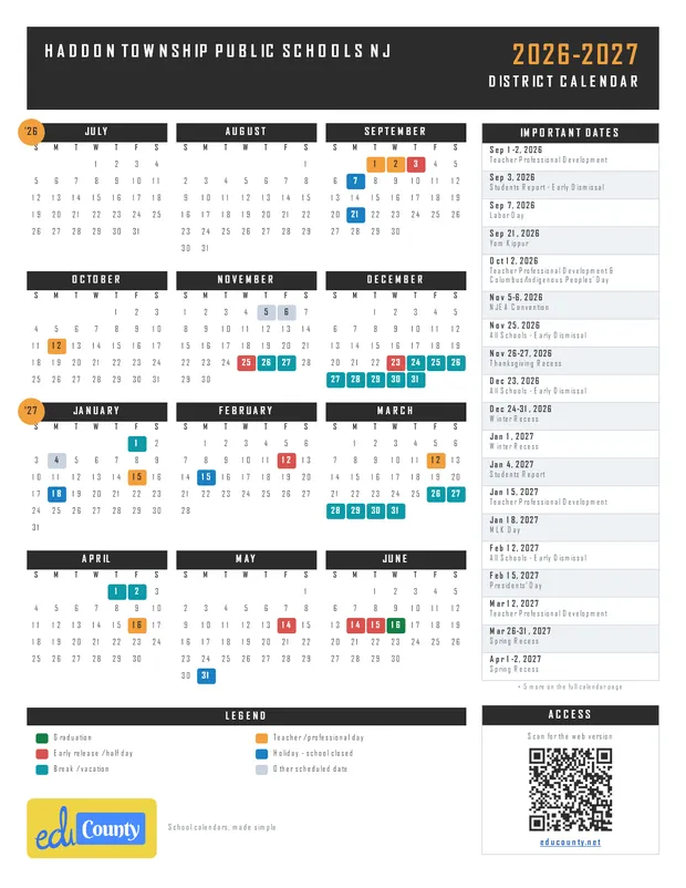 Haddon Township Public Schools printable 2026-27 calendar