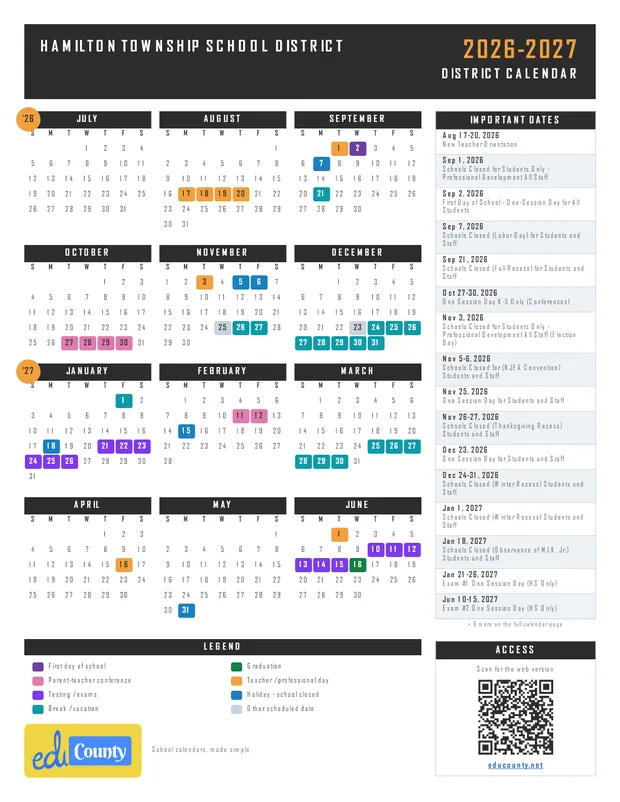 Hamilton Township School District printable 2026-27 calendar