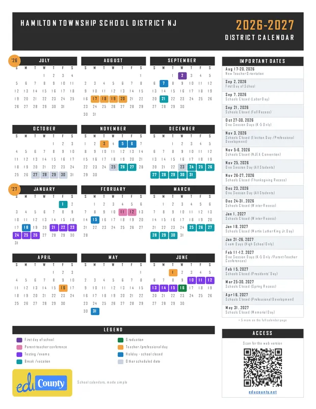 Hamilton Township School District printable 2026-27 calendar