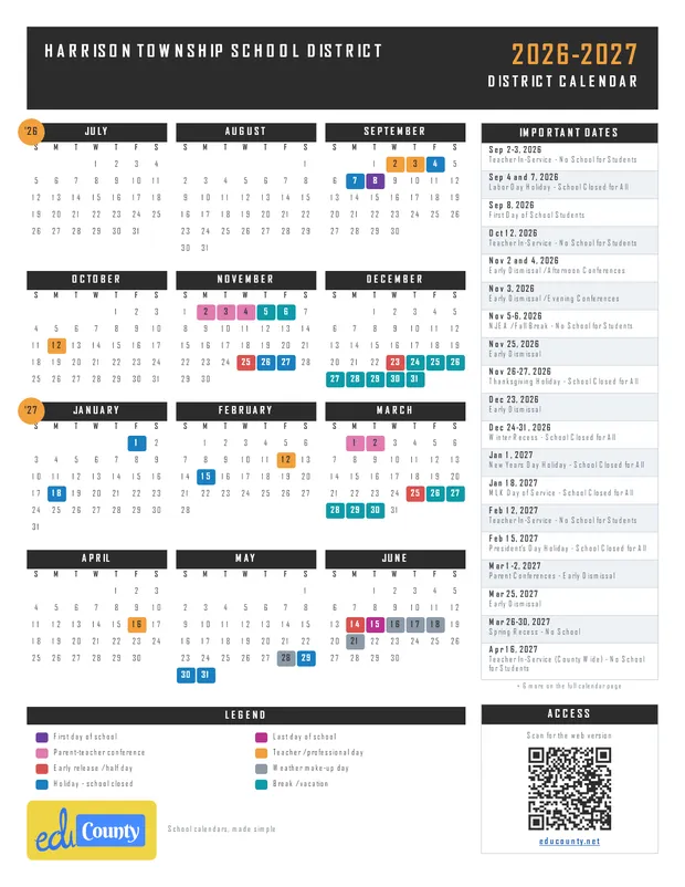HARRISON TOWNSHIP SCHOOL DISTRICT printable 2026-27 calendar