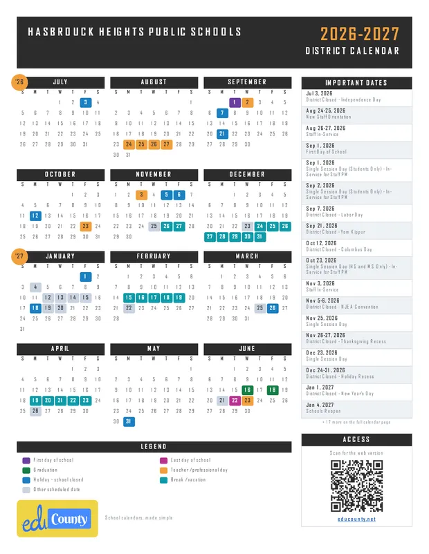 Hasbrouck Heights Public Schools printable 2026-27 calendar