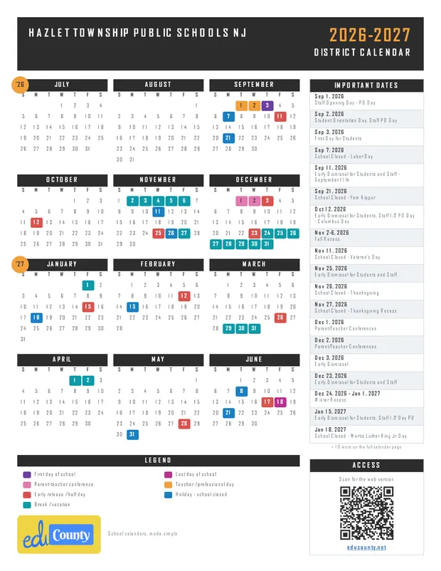 Hazlet Township Public Schools printable 2026-27 calendar