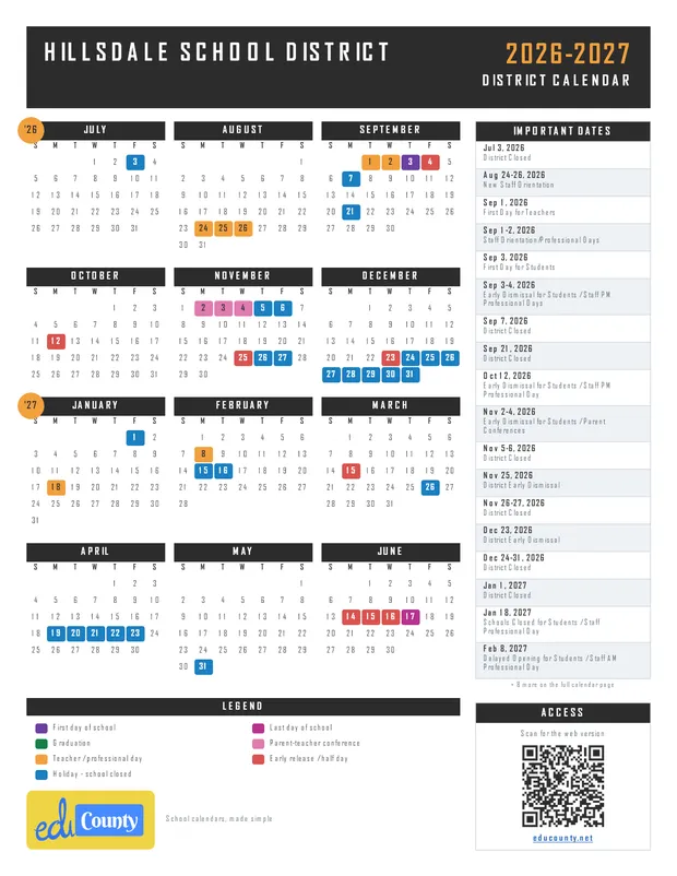 Hillsdale School District printable 2026-27 calendar