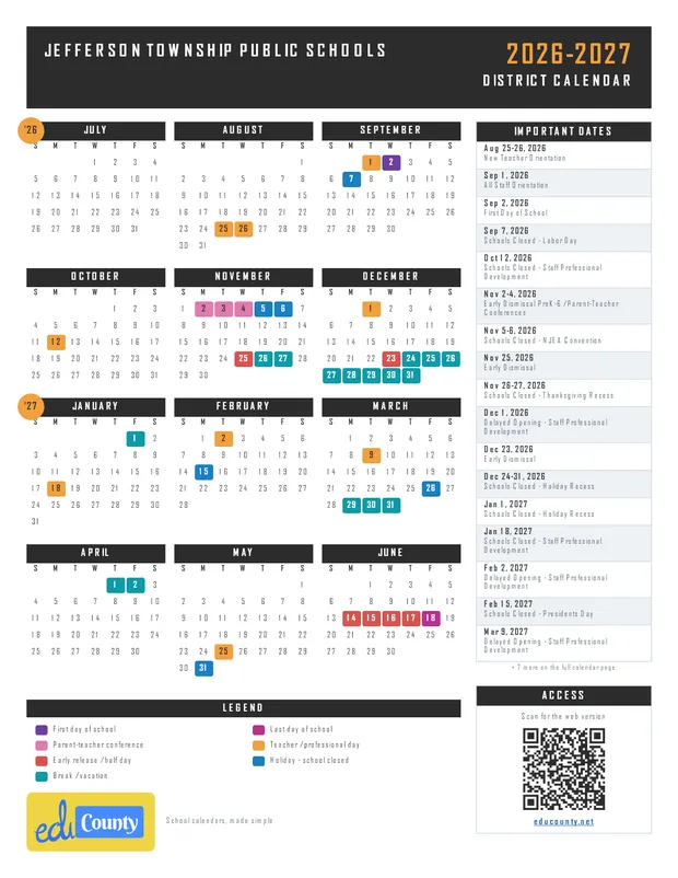 Jefferson Township Public Schools printable 2026-27 calendar