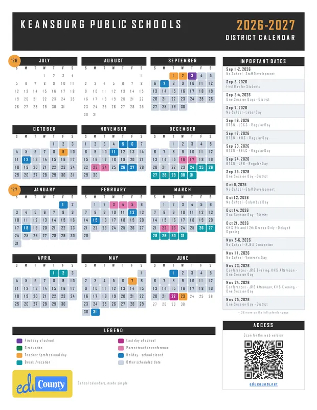 Keansburg Public Schools printable 2026-27 calendar
