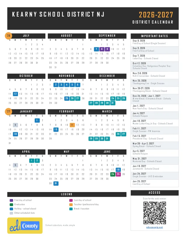 Kearny School District printable 2026-27 calendar