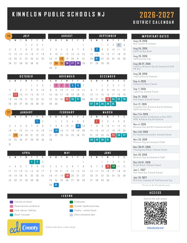 Kinnelon Public Schools printable 2026-27 calendar