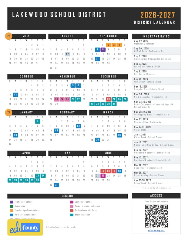 LAKEWOOD SCHOOL DISTRICT printable 2026-27 calendar