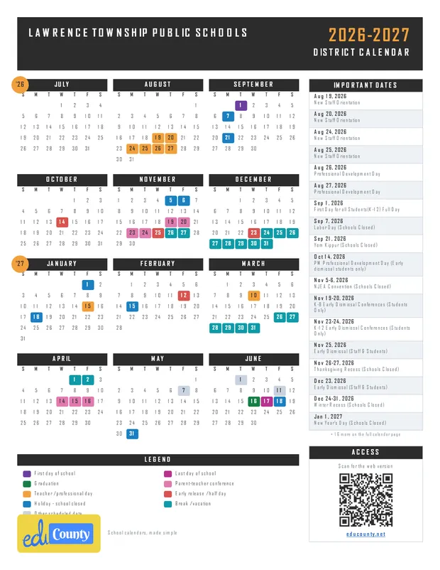 Lawrence Township Public Schools printable 2026-27 calendar