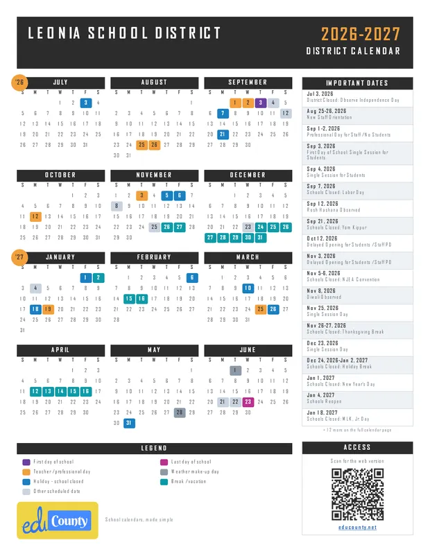 Leonia School District printable 2026-27 calendar