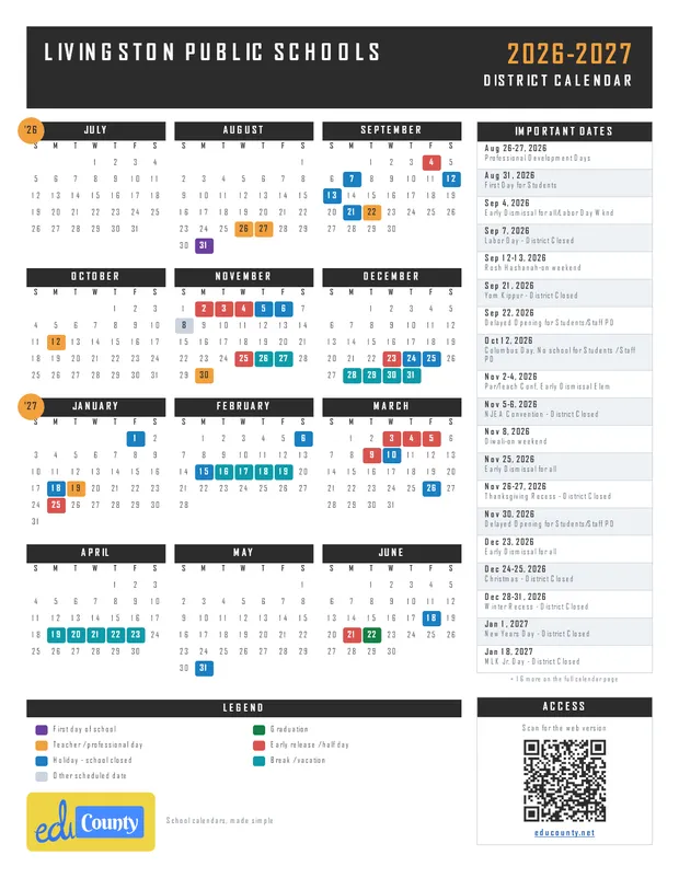 Livingston PUBLIC SCHOOLS printable 2026-27 calendar