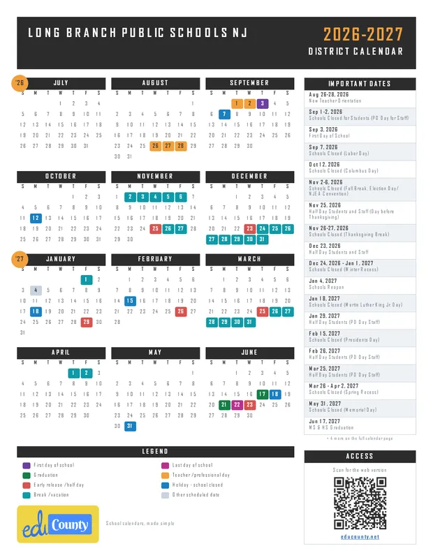 Long Branch Public Schools printable 2026-27 calendar
