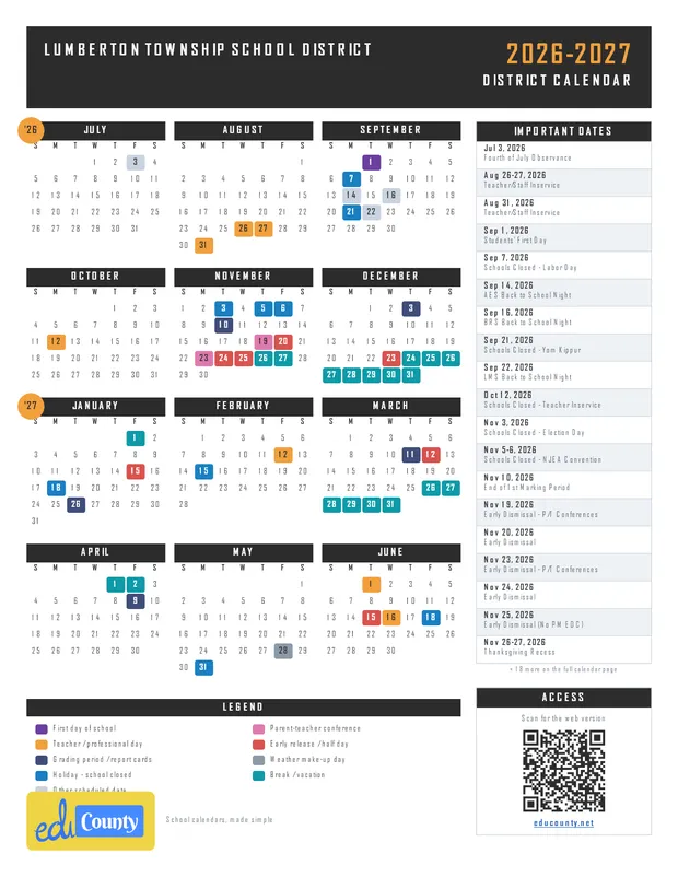 Lumberton Township School District printable 2026-27 calendar