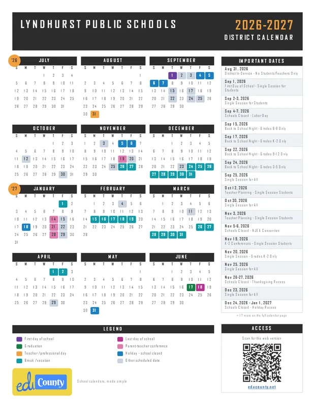 Lyndhurst Public Schools printable 2026-27 calendar