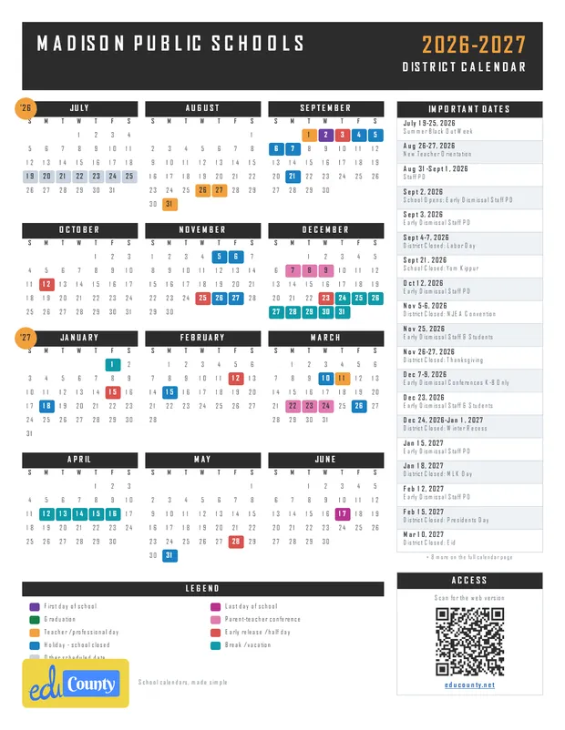 Madison Public Schools printable 2026-27 calendar