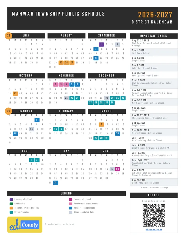 Mahwah Township Public Schools printable 2026-27 calendar