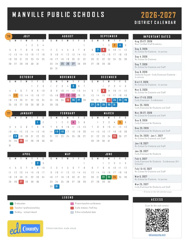 Manville Public Schools printable 2026-27 calendar