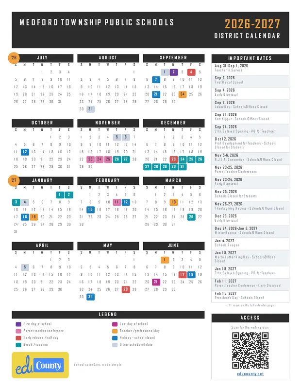 MEDFORD TOWNSHIP PUBLIC SCHOOLS printable 2026-27 calendar