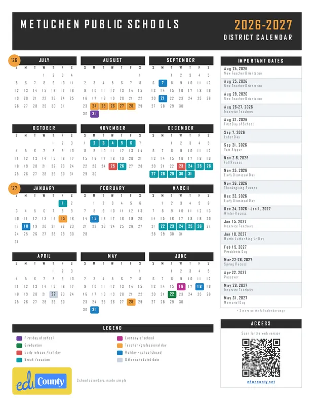 Metuchen Public Schools printable 2026-27 calendar