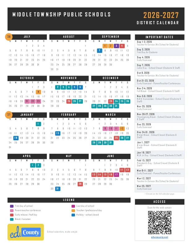 Middle Township Public Schools printable 2026-27 calendar