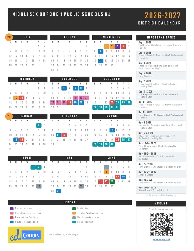 Middlesex Borough Public Schools printable 2026-27 calendar