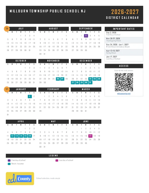 Millburn Township Public School printable 2026-27 calendar