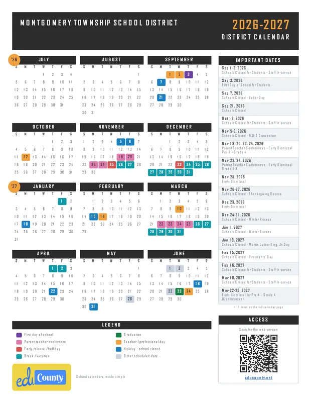 Montgomery Township School District printable 2026-27 calendar