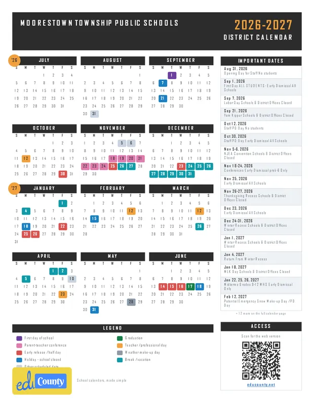 Moorestown Township Public Schools printable 2026-27 calendar