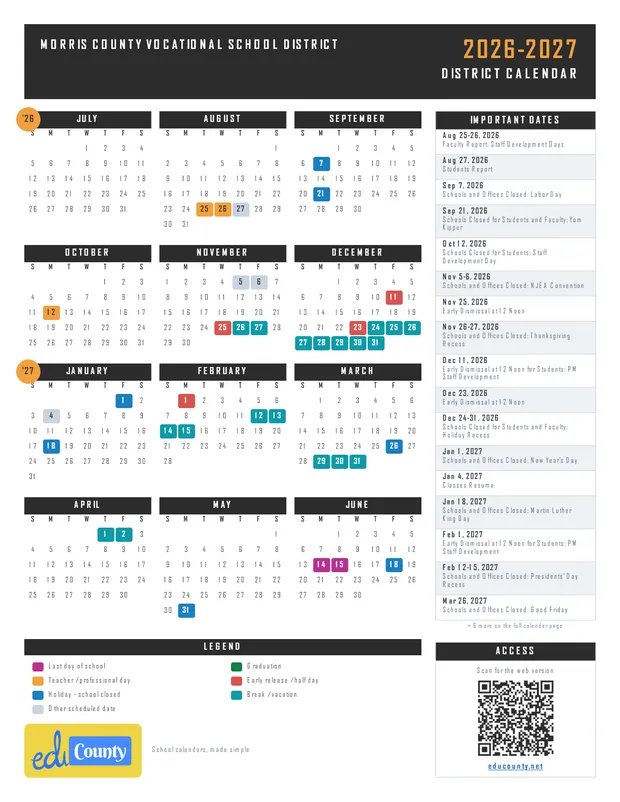 MORRIS COUNTY VOCATIONAL SCHOOL DISTRICT printable 2026-27 calendar