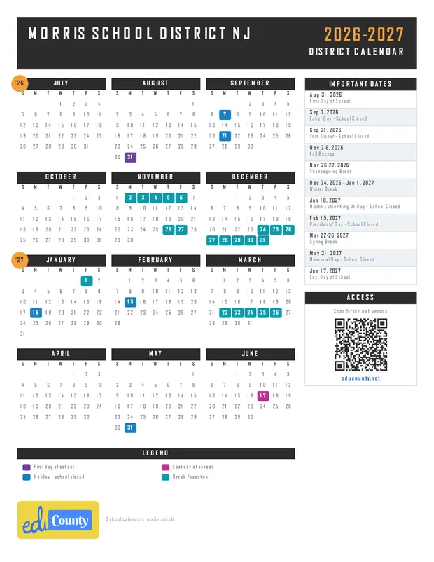 Morris School District printable 2026-27 calendar