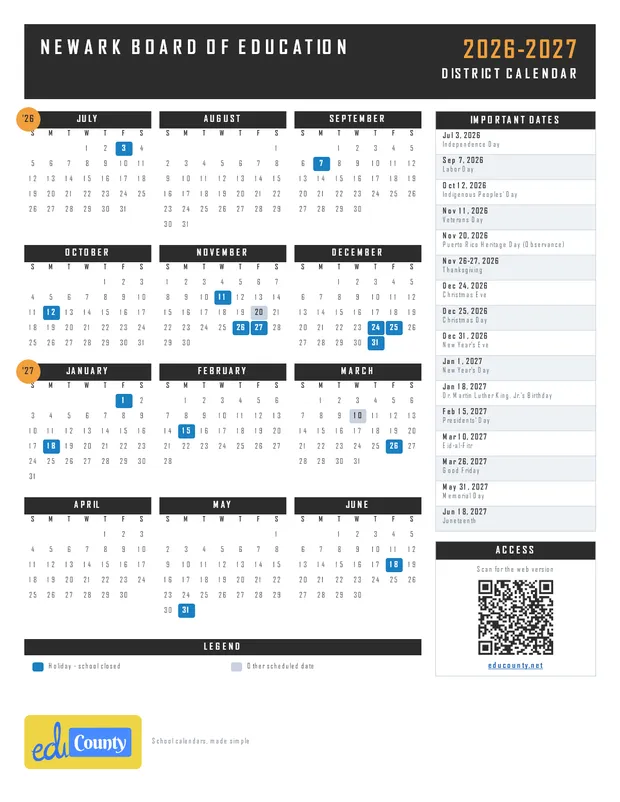 Newark Board of Education printable 2026-27 calendar