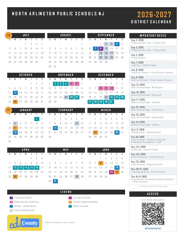 North Arlington Public Schools printable 2026-27 calendar