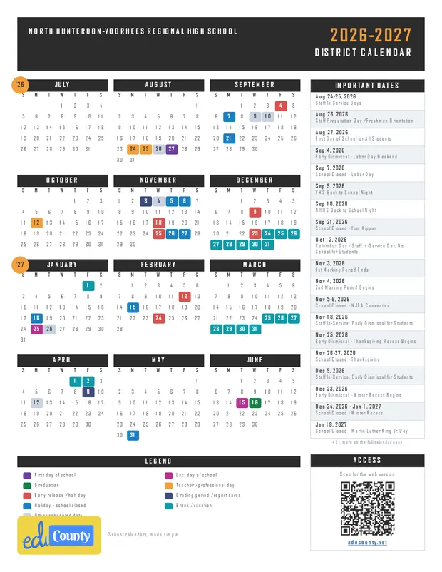 North Hunterdon-Voorhees Regional High School printable 2026-27 calendar