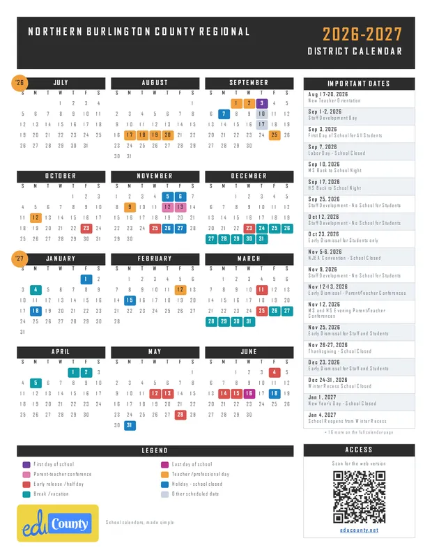 Northern Burlington County Regional printable 2026-27 calendar